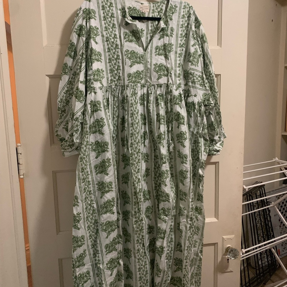 House of Sundar Block Print Green and White Floral Dress - Picture 3 of 3